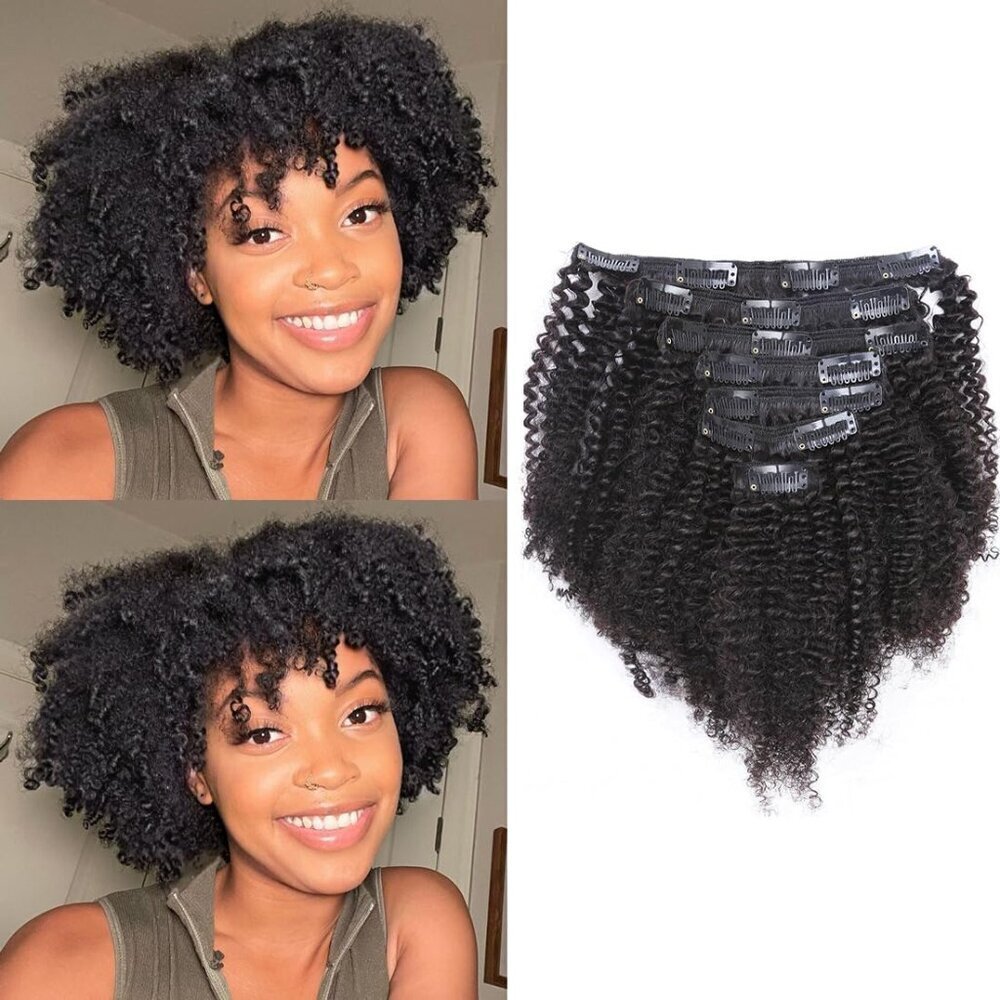 Hair Extensions Clip in Afro Kinky Curly 10 Inch Remy Human Hair Black